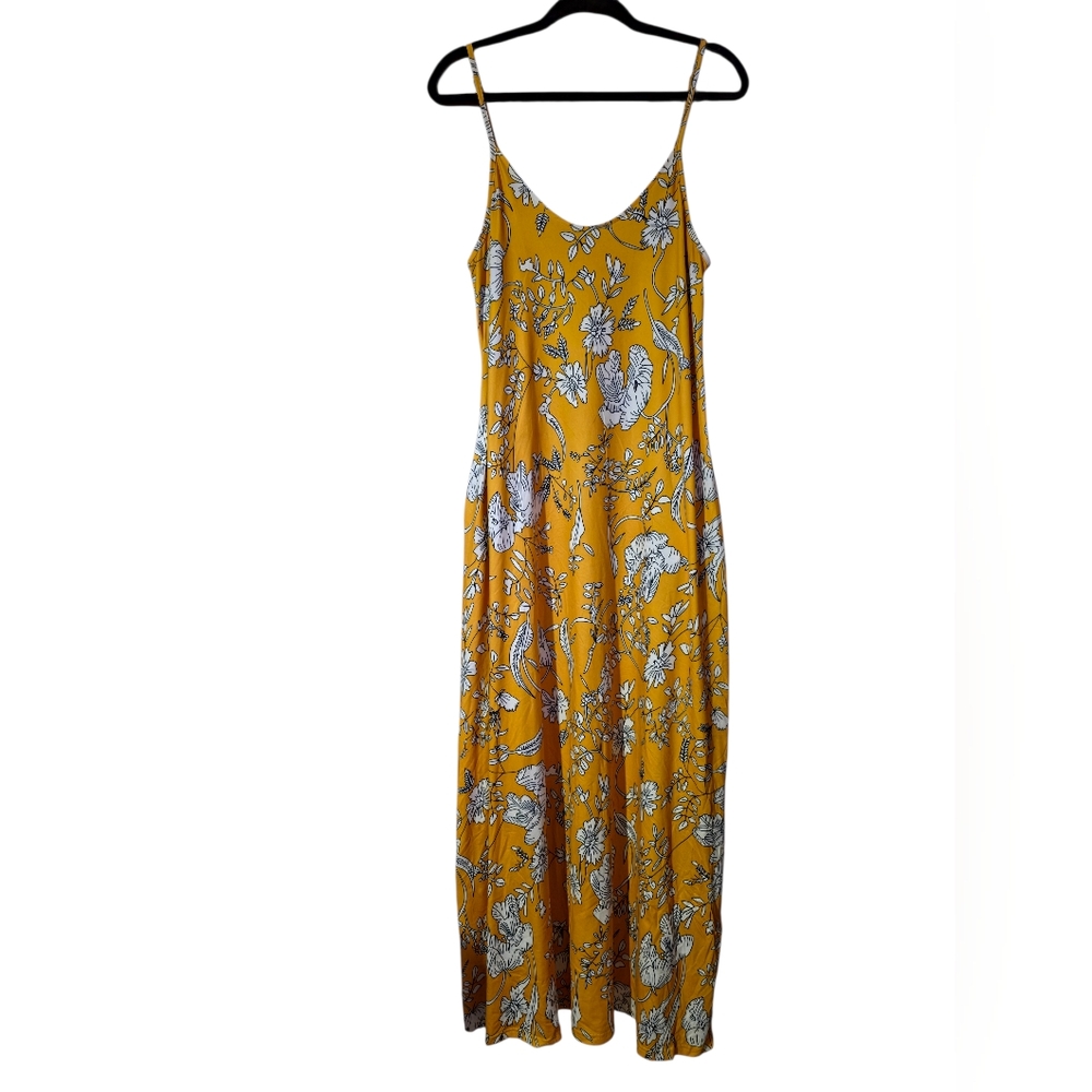 Mustard Floral Maxi Dress Pockets Boho Flowy Sundress Size L